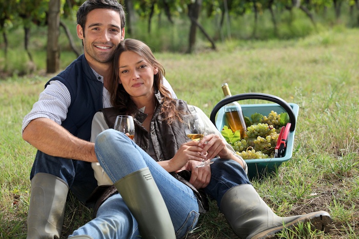 Romantic picnic - couple with picnic basket