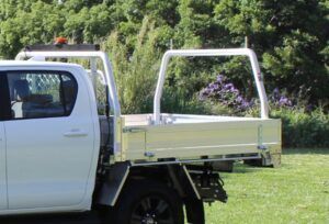 Alloy tray with a ladder rack fitted onto a 2WD Hilux