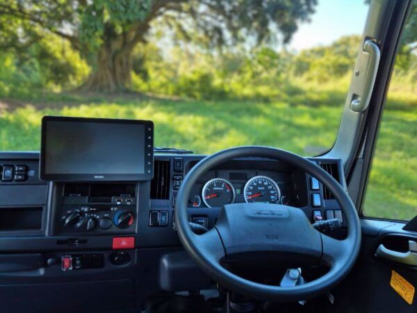 Steering wheel and dashboard of an Isuzu truck